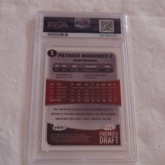 2017 SA-GE HIT PATRICK MAHOMES II PREMIER DRAFT #5 PSA 10 - Picture 2 of 2